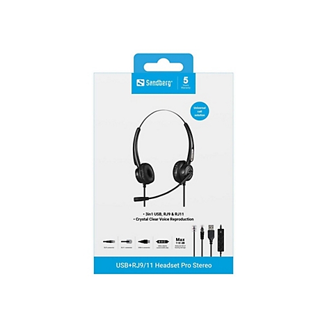 Sandberg Headset Pro Stereo in der Verpackung mit Symbolen für USB, RJ9 und RJ11 Anschluss.