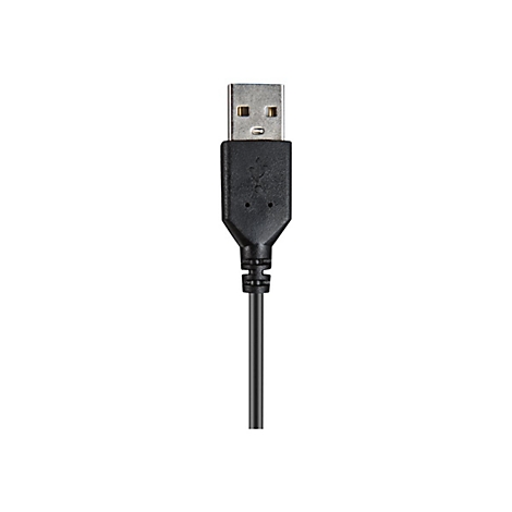Ein schwarzes USB-Kabel mit Metallstecker vor weißem Hintergrund. Der Stecker zeigt die USB-Form.