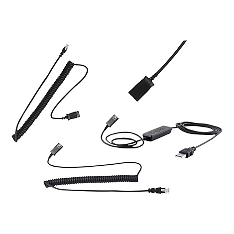 Mehrere schwarze Kabel und Stecker, freigestellt auf weißem Hintergrund. Verschiedene Kabeltypen sind zu sehen.