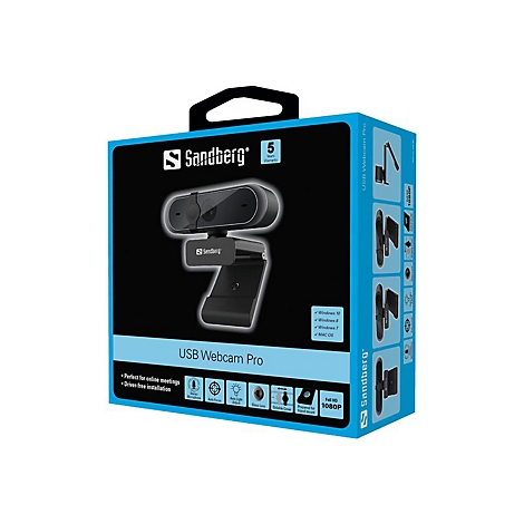 USB Webcam Pro von Sandberg in einer blauen Verpackung, Webcam selbst im Vordergrund.