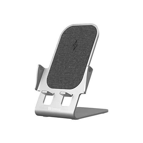 Silberne kabellose Ladestation mit grauer Stofffläche und Blitzsymbol. Sandberg Logo.