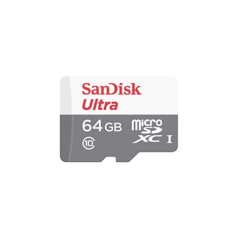 Gros plan d'une carte microSD SanDisk Ultra de 64 Go.