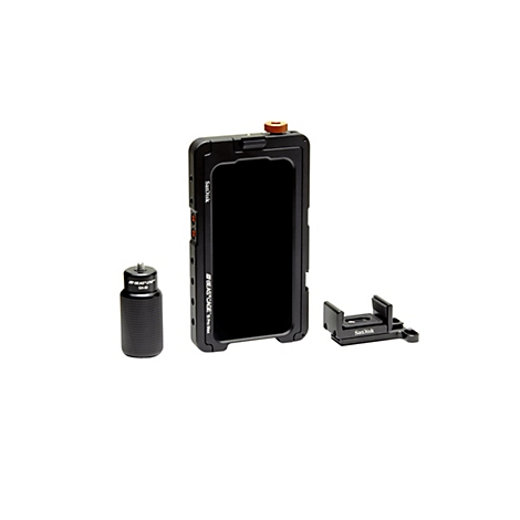 Schwarzes Smartphone-Cage-Zubehör mit Griff und Halterung, auf weißem Hintergrund.