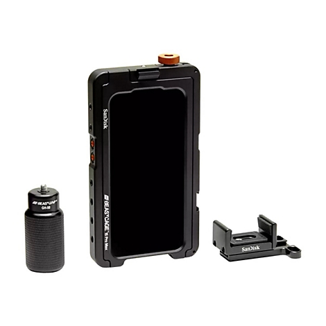 Schwarzes Smartphone-Cage-Set mit Griff und Halterung. Die Aufschrift „Sandisk“ und „Beastcage 15 Pro Max“ sind sichtbar.