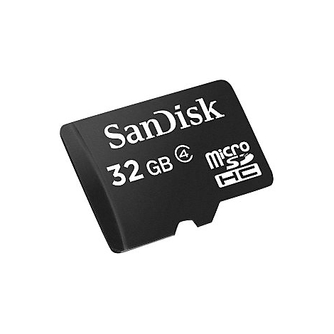 Carte MicroSD SanDisk noire, 32 Go, lettrage blanc.
