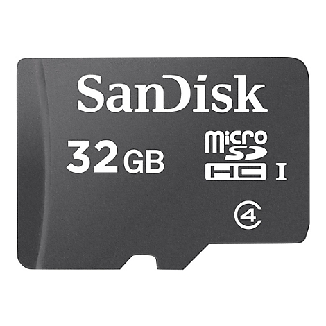 Carte Micro SD SanDisk gris foncÃ©, mÃ©moire de 32 Go. Logo et spÃ©cifications.