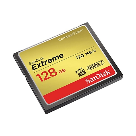 Carte CompactFlash SanDisk, jaune et noir, 128 Go, Extreme, 120 Mo/s.