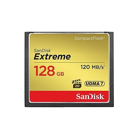 Carte mémoire SanDisk Extreme CompactFlash, 128 Go. Inscription : 120 Mo/s et UDMA 7.