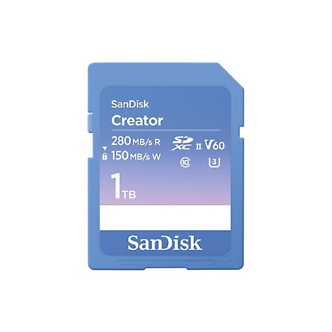 Hellblau-farbene SanDisk Creator SD-Karte; 1 TB, mit Geschwindigkeitsangaben und SanDisk-Logo.