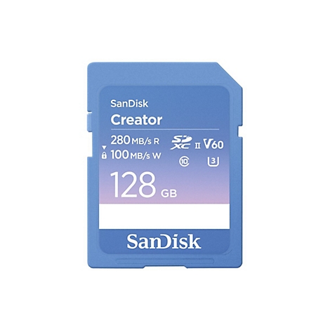 Blaue SanDisk Creator SD-Karte. Beschriftet mit 128 GB, 280 MB/s R, 100 MB/s W. Marke SanDisk.