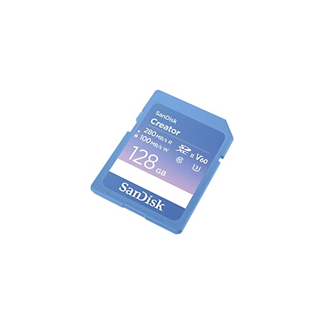Blaue SanDisk Creator SD-Karte auf weißem Hintergrund. Auf der Karte steht "128 GB" und "280 MB/s R, 100 MB/s W".