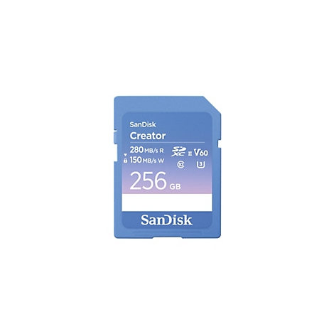 Hellblaue SanDisk Creator SD-Karte. Beschriftung: 256 GB, V60, 280 MB/s R, 150 MB/s W. Das Produkt wird auf weißem Hintergrund dargestellt.
