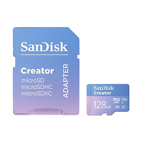 Zwei Speicherkarten: eine blaue SanDisk microSD-Karte und ein Adapter, mit Aufdrucken von 'Creator', '128GB' und technischen Details.