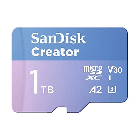 Blaue und lila SanDisk Creator Micro-SD-Karte mit Aufschrift "1 TB".