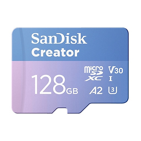 Blaue und lila SanDisk Creator Micro-SD-Karte, 128 GB. Text: Micro, V30, XC I, A2, 3.