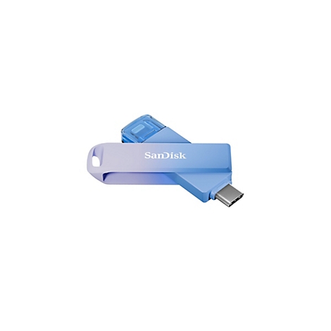 Blau-violetter USB-Stick mit 'SanDisk'-Logo, blauem Stecker, weißem Hintergrund.