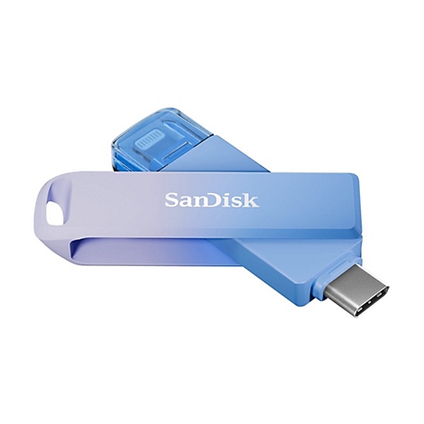 Blau-violetter USB-Stick mit USB-C-Anschluss. Auf dem Stick steht 'SanDisk'.