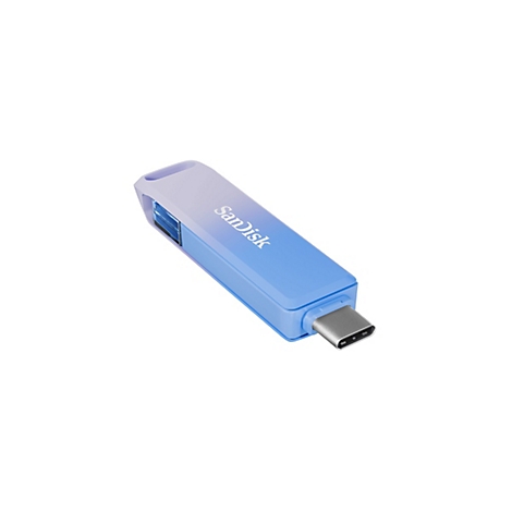 Ein USB-Stick von Sandisk in Blau-Violett, auf weißem Hintergrund.
