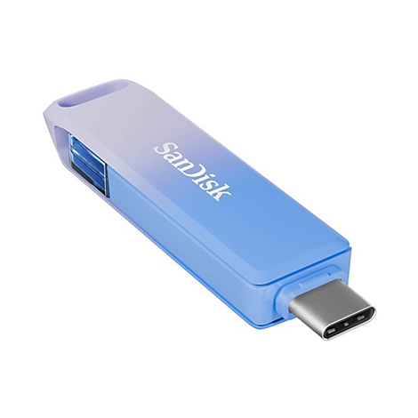 Ein blauer und lila USB-Stick mit dem Schriftzug "SanDisk". Der USB-C-Anschluss ist zu sehen.