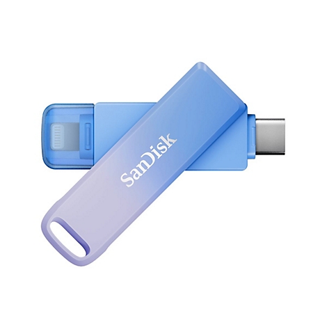 Blau-violetter SanDisk-USB-Stick mit Lightning- und USB-C-Anschlüssen, weißer Schriftzug.