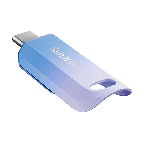 Ein USB-Stick von SanDisk, blau-violett gefärbt, mit USB-C-Anschluss, liegt auf weißem Hintergrund.