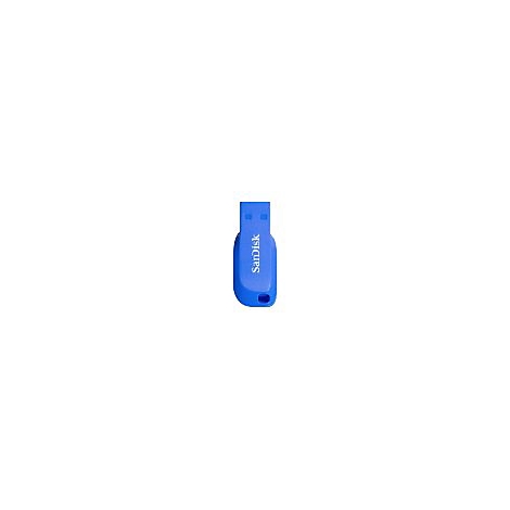 Clé USB bleue Sandisk, sur fond blanc.