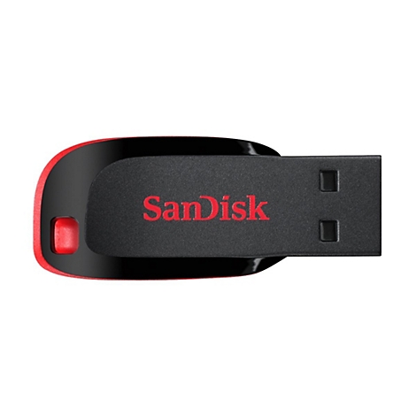 Clé USB noire avec un accent rouge et lettrage SanDisk rouge sur fond blanc.
