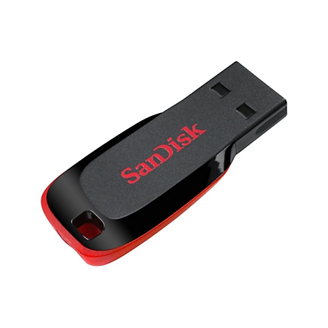 Clé USB SanDisk, noire avec un accent rouge. Le texte "SanDisk" est en rouge.