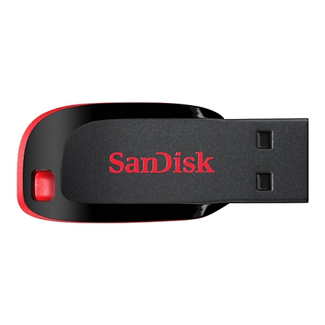 Gros plan d'une clé USB noire avec un accent rouge. Le texte "SanDisk" est imprimé en rouge.