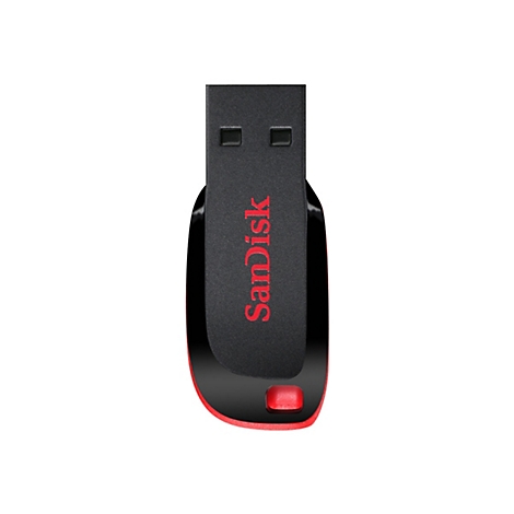 Ein schwarzer USB-Stick mit roter SanDisk-Aufschrift. Am unteren Ende ein roter Knopf.