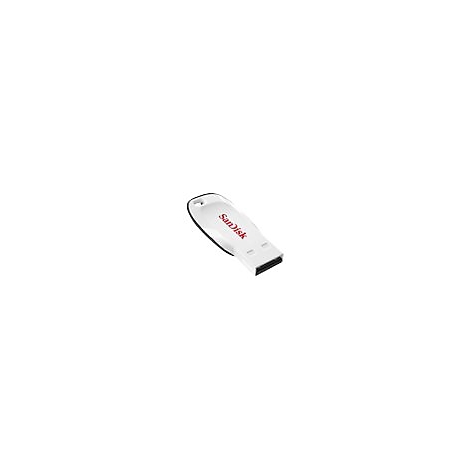 Weißer USB-Stick mit rotem 'SanDisk'-Logo, vor weißem Hintergrund.
