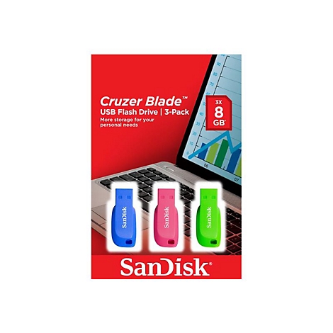 Drei farbige SanDisk Cruzer Blade USB-Sticks vor Laptop. Aufschrift: Cruzer Blade USB Flash Drive | 3-Pack, 8GB.