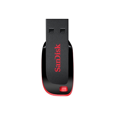 Schwarzer USB-Stick von SanDisk mit rotem Akzent und rotem Logo auf weißem Hintergrund.