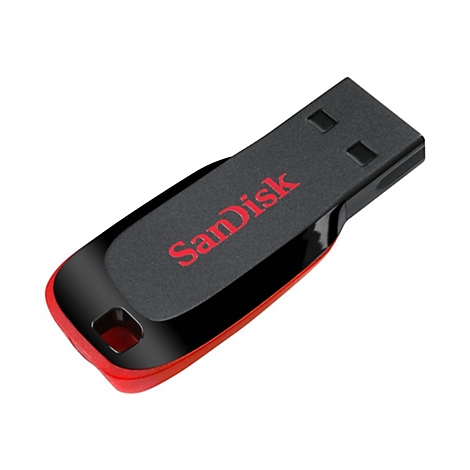 Schwarzer und roter USB-Stick mit dem Schriftzug 'SanDisk'.