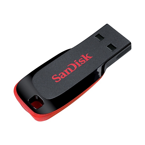 Schwarzer und roter USB-Stick mit rotem "SanDisk"-Logo auf weißem Hintergrund.