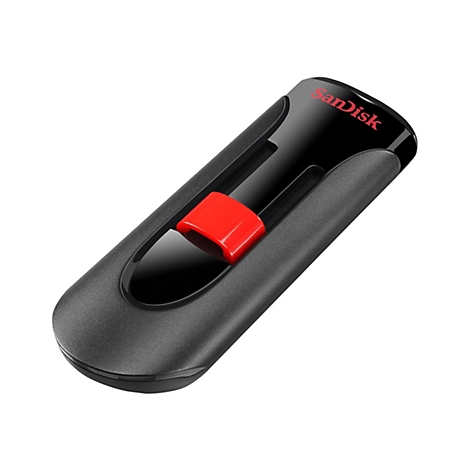 Clé USB noire avec curseur rouge, marque Sandisk, placée en diagonale.