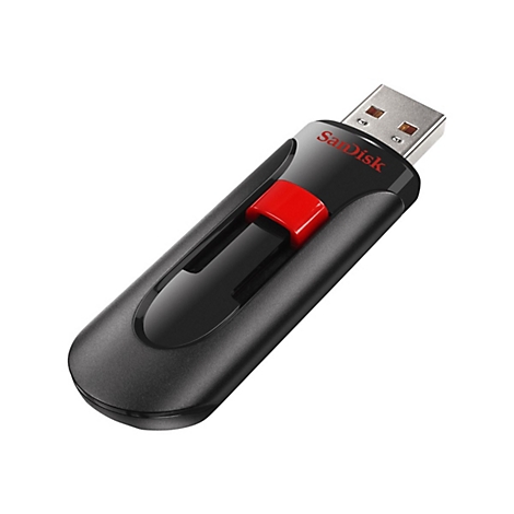 Clé USB noire avec curseur rouge, marque Sandisk. Sur fond blanc.