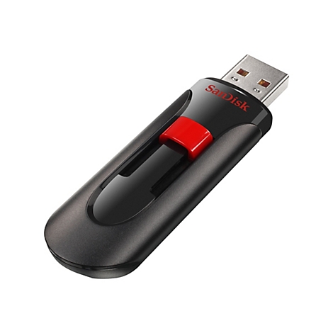 Une clé USB noire avec un curseur rouge, de marque Sandisk, est posée sur un fond blanc.