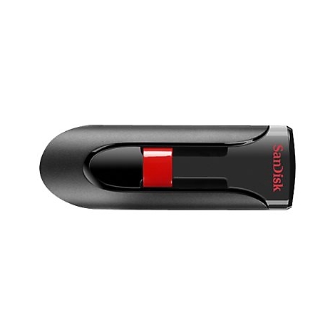 Schwarzer SanDisk USB-Stick mit rotem Schiebemechanismus vor weißem Hintergrund.