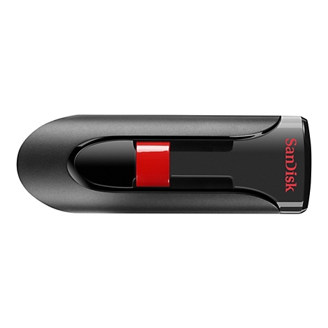 Ein schwarzer USB-Stick mit rotem Schieber, Marke Sandisk, vor weißem Hintergrund.