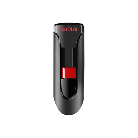 Une clé USB SanDisk noire avec un accent rouge, sur fond blanc.