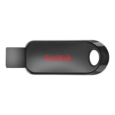Schwarzer USB-Stick mit rotem "SanDisk"-Logo. Das rechte Ende hat ein Loch. Der USB-Anschluss ist links.
