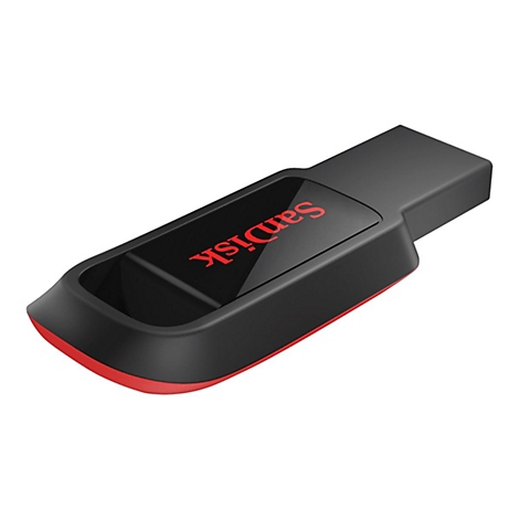 Clé USB noire avec un accent rouge. On peut lire 'SanDisk' sur la surface.