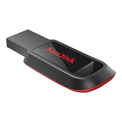 Schwarzer USB-Stick mit rotem Akzent. Aufschrift "SanDisk" in Rot.