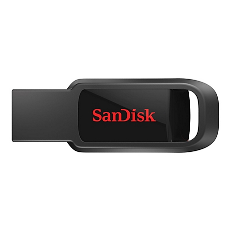 Ein schwarzer USB-Stick mit rotem 'SanDisk'-Schriftzug.