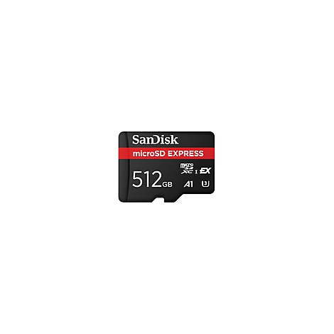 Schwarze Sandisk microSD EXPRESS Karte mit rotem Streifen und weißer Schrift: 512 GB.