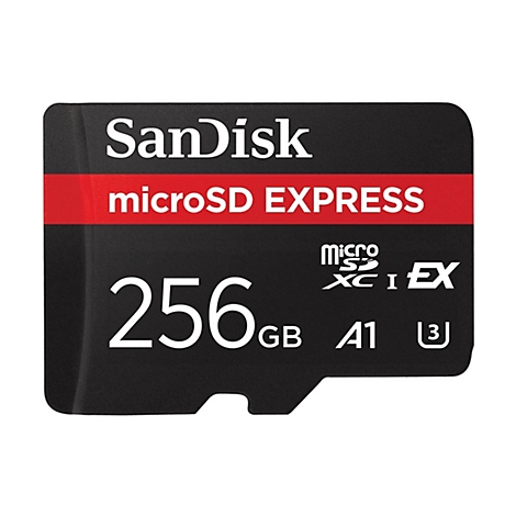 Carte microSD noire SanDisk, bande rouge avec texte 'microSD EXPRESS' et 256 Go. D'autres logos et marques sont également visibles.