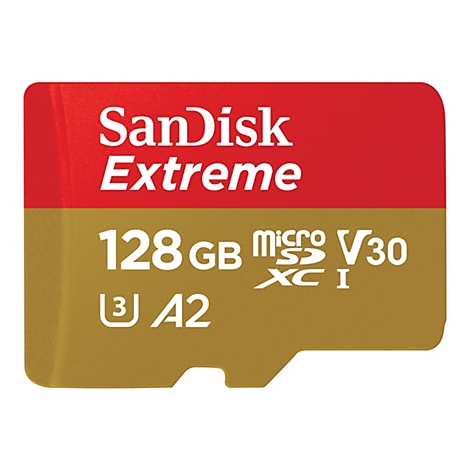Carte microSD SanDisk Extreme : Carte rouge et or avec lettrage blanc, 128 Go, V30, A2.