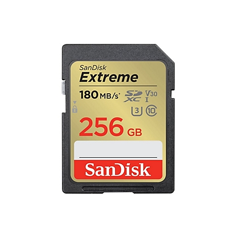 Carte SD SanDisk Extreme, noire et dorée, 256 Go, texte : 180 Mo/s.
