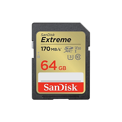 Carte SD SanDisk Extreme. Cadre en plastique noir, centre doré avec lettrage rouge 64 Go. Le logo et les informations sont visibles.